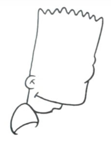 Начинаем с верха фигурки. Изобразим голову почти прямоугольной формы. Верх причёски наметим девятью зубчиками. Ниже добавим линию рта, нижней челюсти, полукруг уха и контуры плеча.
