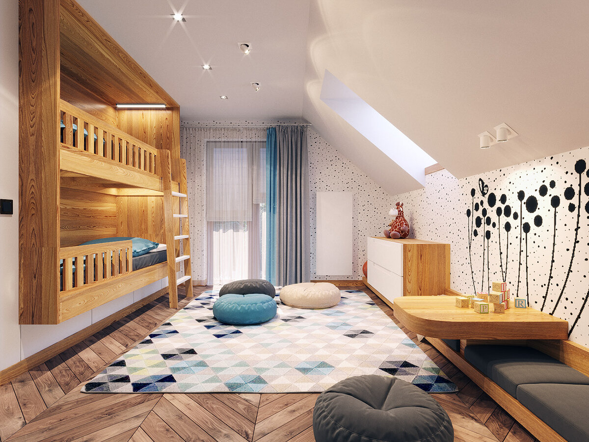 Двухъярусная кровать в детской для двоих