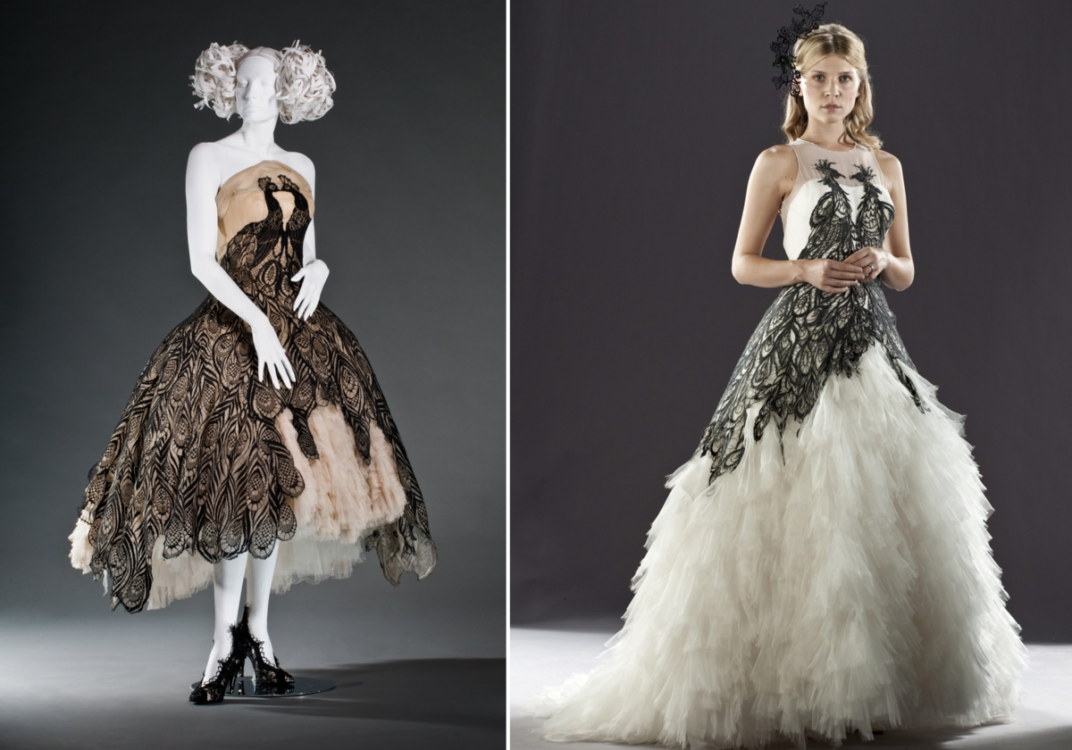 Слева - платье Александра Маккуина, FW 2008-09, из коллекции FIDM. Справа - платье для фильма "Гарри Поттер и Дары смерти", 2010, (с) Getty Images