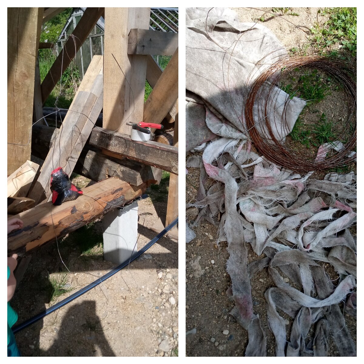 ...обязательно листаем карусельку😁 Пригодилась старая проволока, футболка и гравий (для утяжеления) под ногами, все закрепила скотчем, местами скрутила, как смогла.