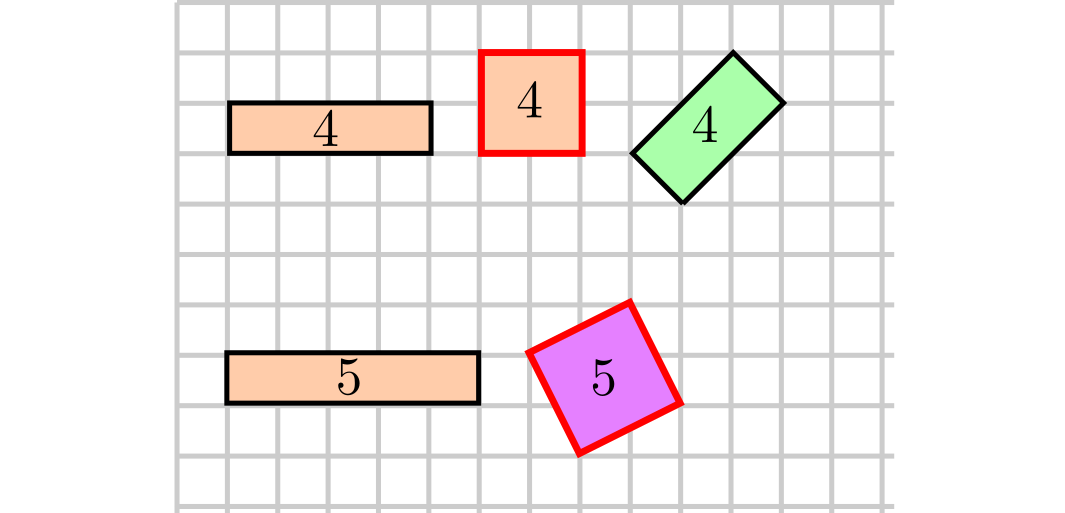 Варианты размещения на сетке прямоугольников площадью 4 и 5 клеток. Красным контуром выделены квадраты. 