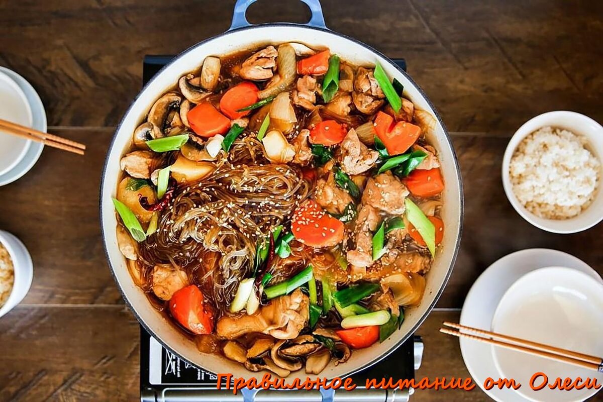 Суп с фунчозой, грибами, овощами и соевым соусом