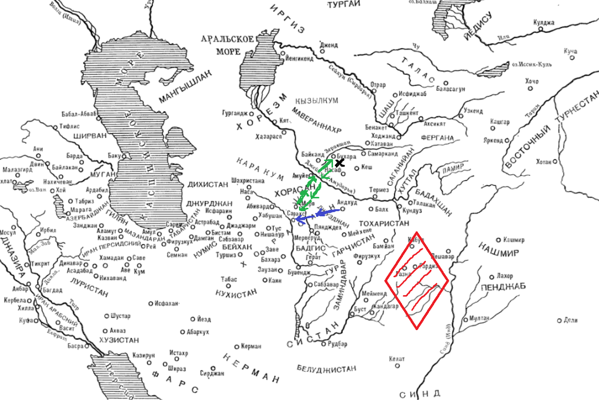 Красным - ТВД Джалаль ад Дина. Зеленым - рейд Куш-Тегина на Бухару. Черным - место стычки. Синим монгольский отряд, идущий на перехват 