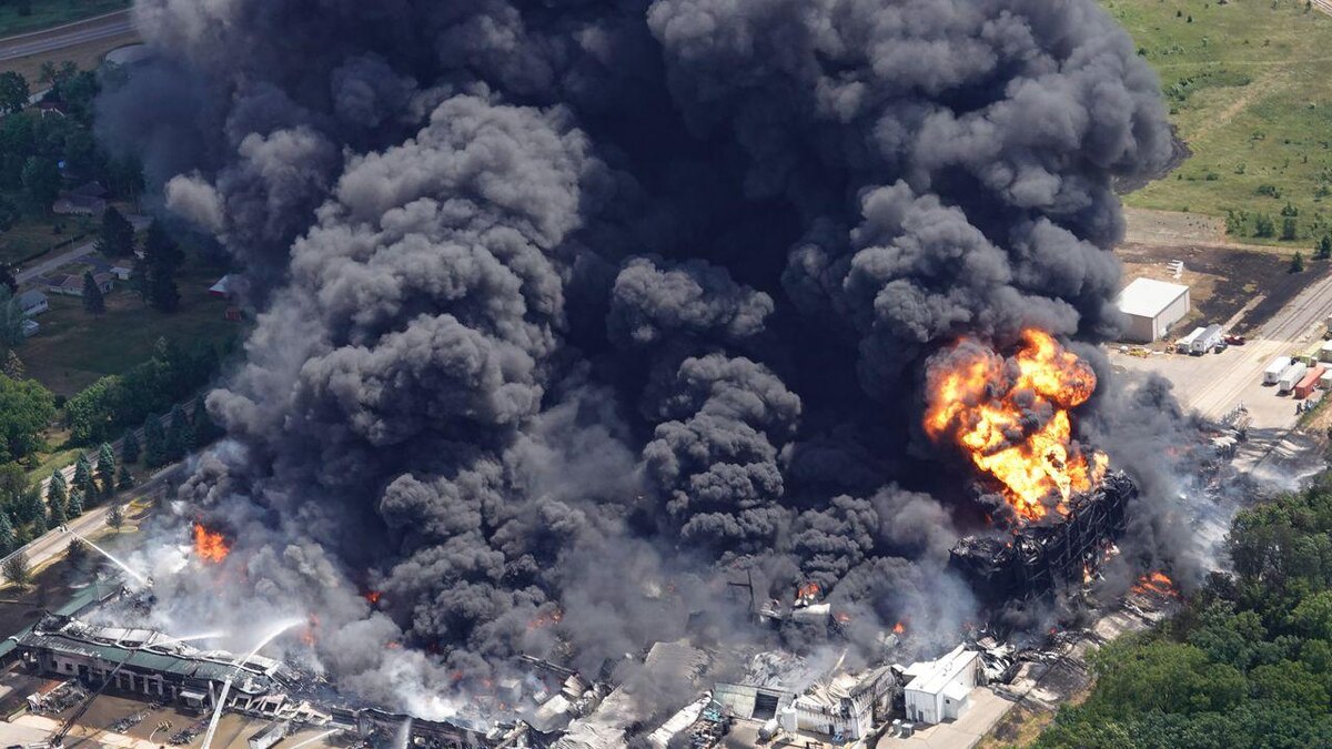 Flames and smoke are seen from an explosion at a chemical plant in Rockton, IL on Monday, June 14. Stacey Wescott/Chicago Tribune via AP