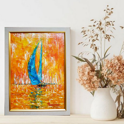 картина Золотой закат над морем, 35х25 см, холст на картоне худ. Любовь Прусик