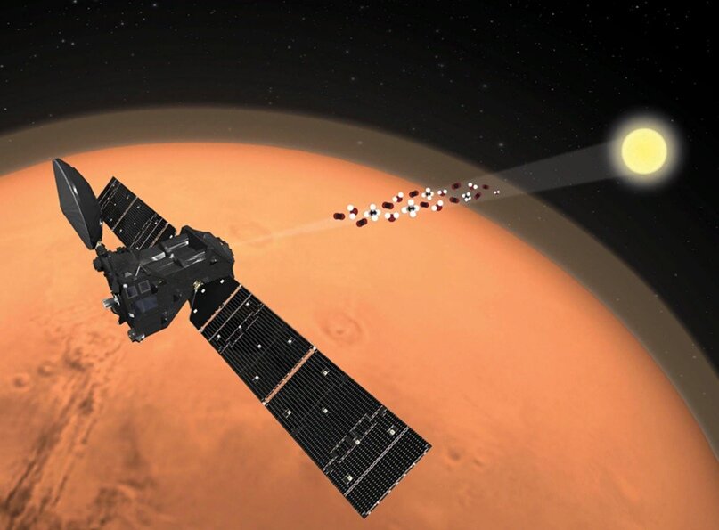 Художественное представление зонда Trace Gas Orbiter миссии «ExoMars», изучающего атмосферу Марса.