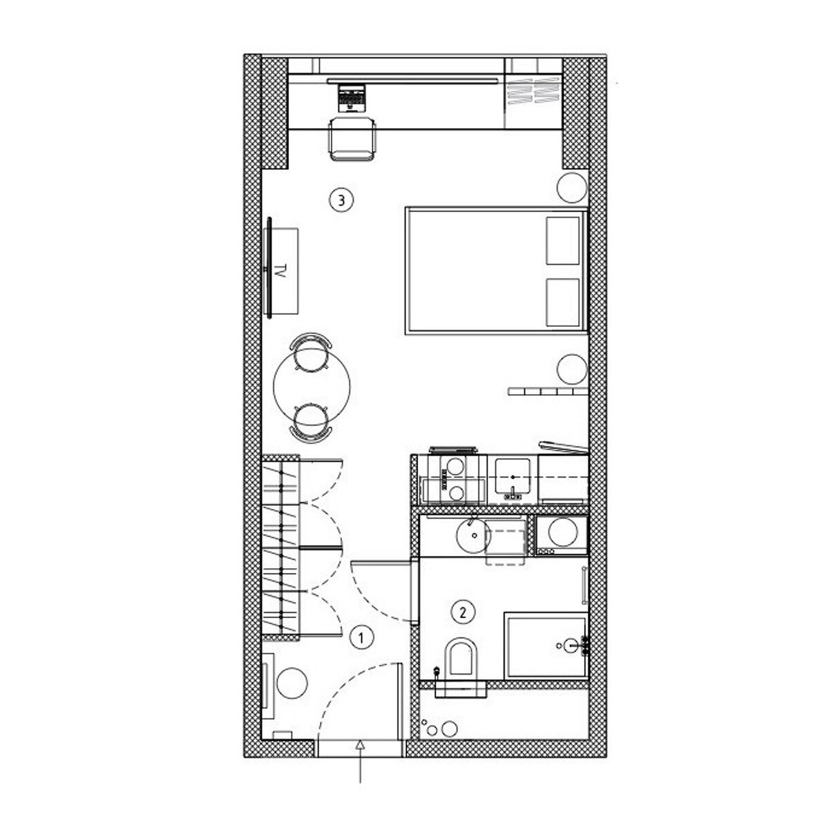 На этапе черновых работ возвели стены санузла, границы которого уже обозначил застройщик. Также сформировали ниши в кухне и прихожей, куда встроили гарнитур и систему хранения.