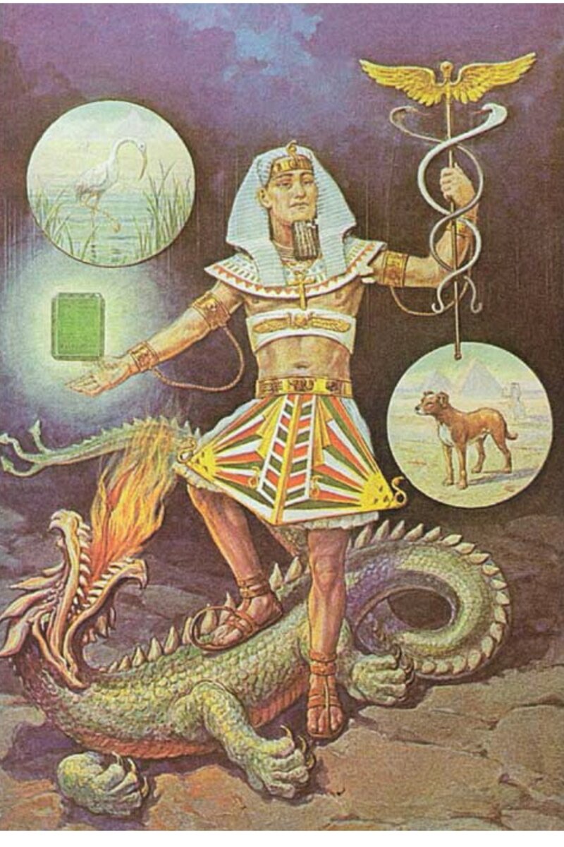 Кадм с кадуцеем и символами Тота и Осириса. У него в руке их совместные, объединённые трактаты. 