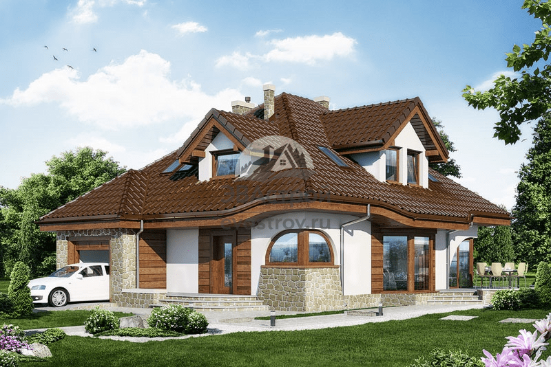 Проект дома 213 м2 из газобетона с мансардой, одноместным гаражом, балконом и террасой - LG-22