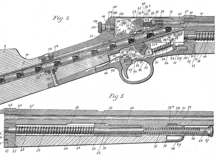 Конструкция самозарядного карабина обр. 1903 года. Схема из патента.