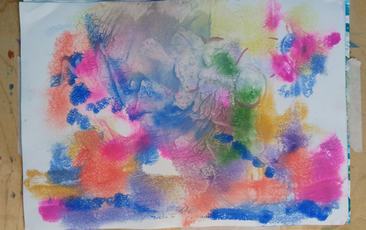 Начало работы с оттиском, лист закреплен на небольшом планшете скотчем. Формат А3, размер листа 31х41 см. Рисунок №2.