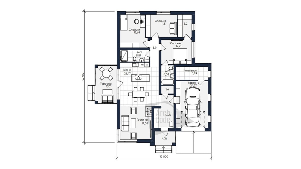 Проект одноэтажного дома с гаражом 141 м2 | ArchCode | Проектирование домов  | Дзен