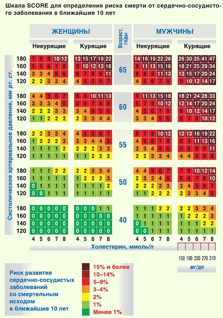 Данная шкала оценивает риск от сердечно-сосудистой смерти в ближайшие 10 лет в процентах. Важно знать свой возраст, курите вы или нет, уровень общего холестерина и систолического АД. Данная шкала предназначена для лиц старше 40 лет без сердечно-сосудистых заболеваний, сахарного диабета и хронической болезни почек. Ниже представлена таблица, по которой этот риск можно рассчитать для лиц младше 40 лет.