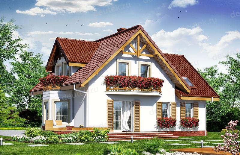 Проект дома 140 м2 из керамоблоков с мансардой, гаражом, эркером, балконом и террасой - DTV100116
