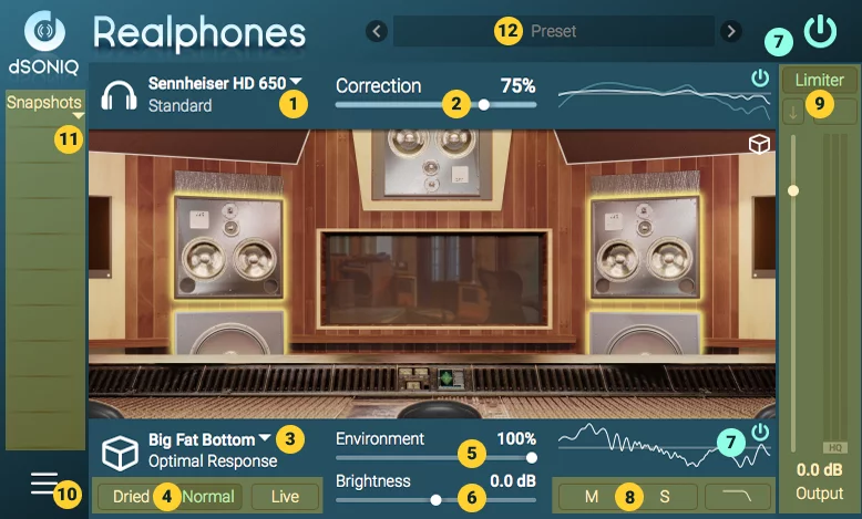 Элементы управления плагина Realphones
