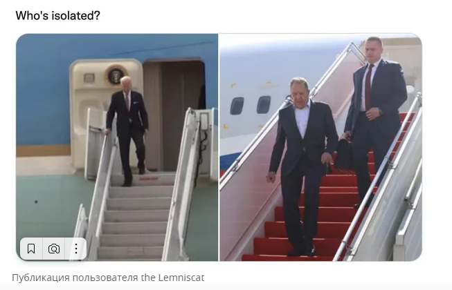 Байден спускается по трапу, держась на поручни. Для Лаврова расстелили дорожку (фото Твиттер)