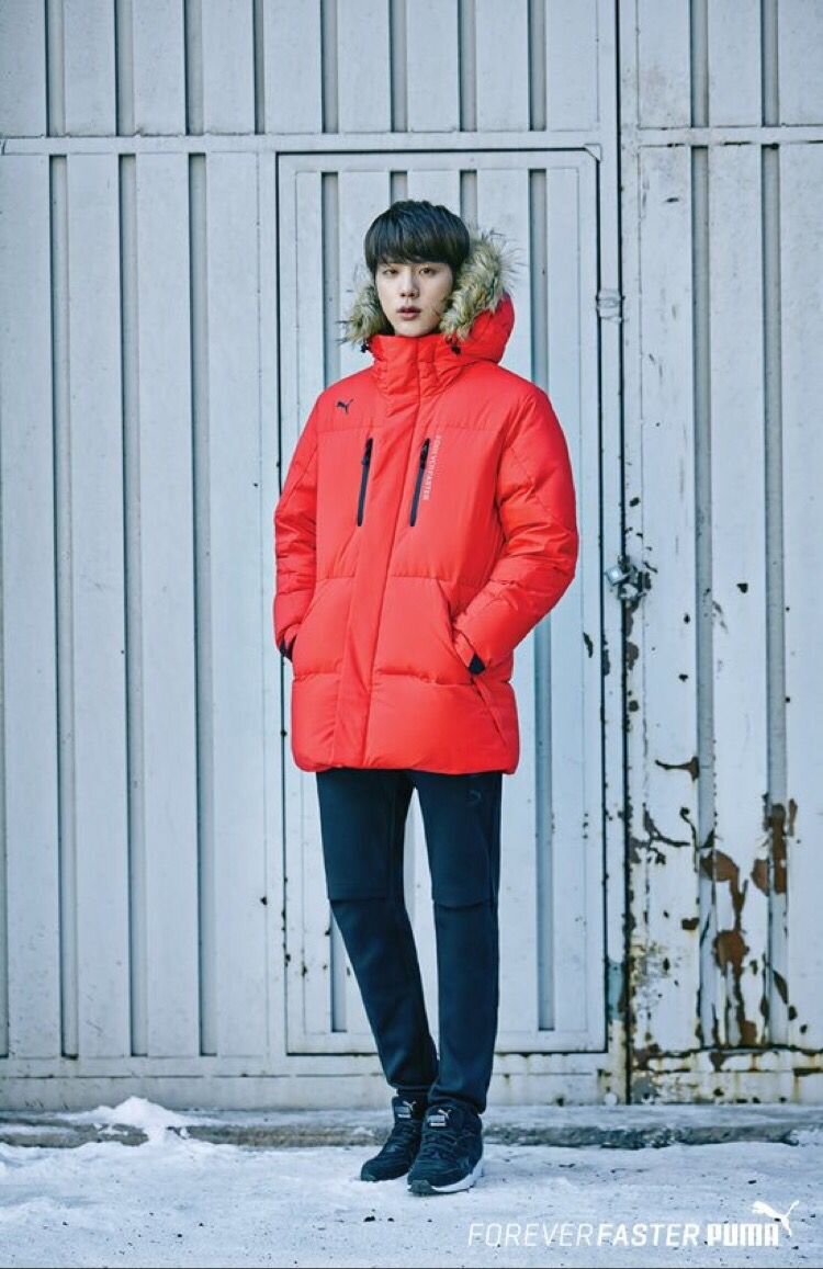 BTS. Jin's in a down jacket.