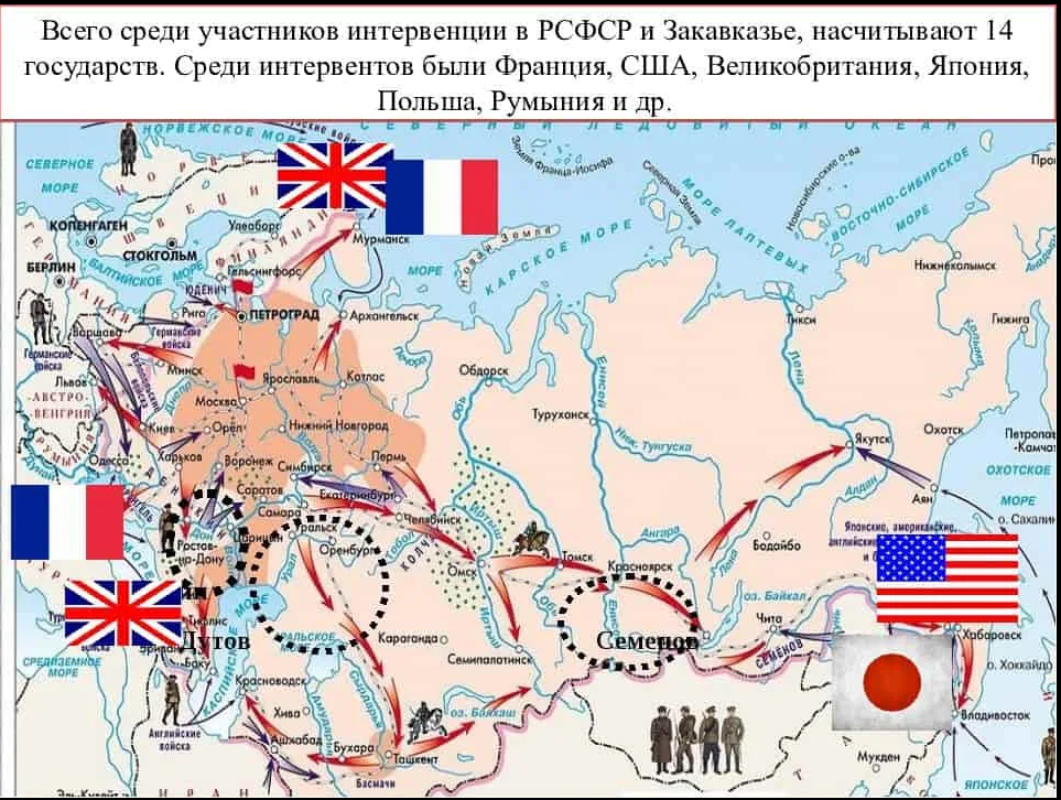 если бы большевики проиграли бы Гражданскую войну, то территории нашей страны оказались бы полностью в руках интервентов коим являлись Англия, Франция, США и Япония (изображение взято из открытых источников).