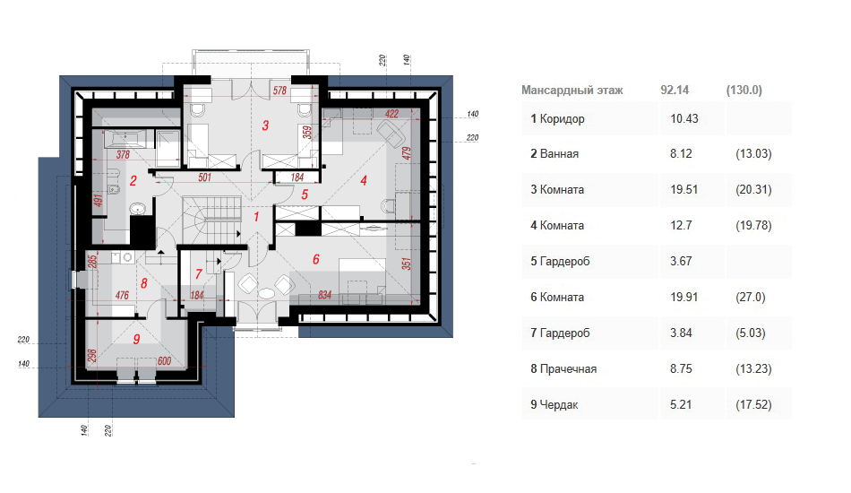 Проект дома 270 м2 с мансардой, двухместным гаражом, эркером, балконом и террасой - SK-39 