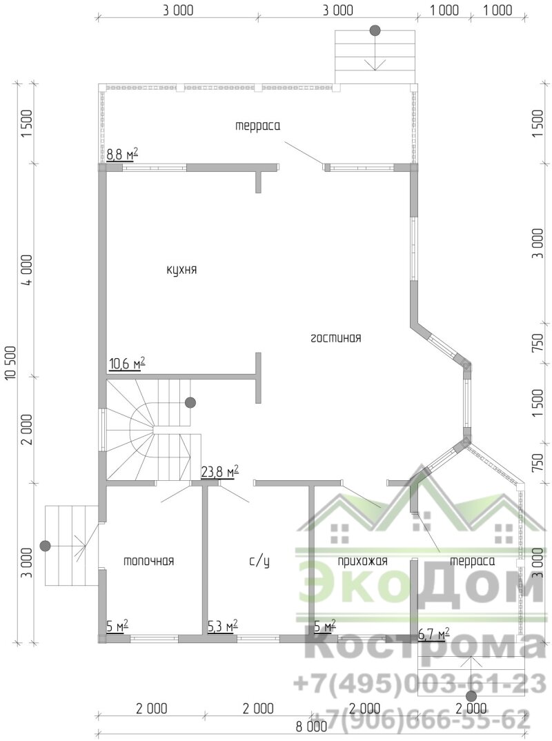 Схема 1-го этажа дома из бруса 6х9 "Бронницы" ДБ-80 от компании ЭкоДом-Кострома