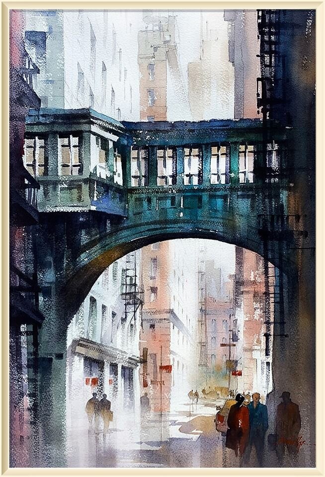     / Thomas W. Schaller / * 1967 / Staple Street Skybridge - NYC / -  - - /  Watercolor.  22x15 Inches - 27 July 2019.