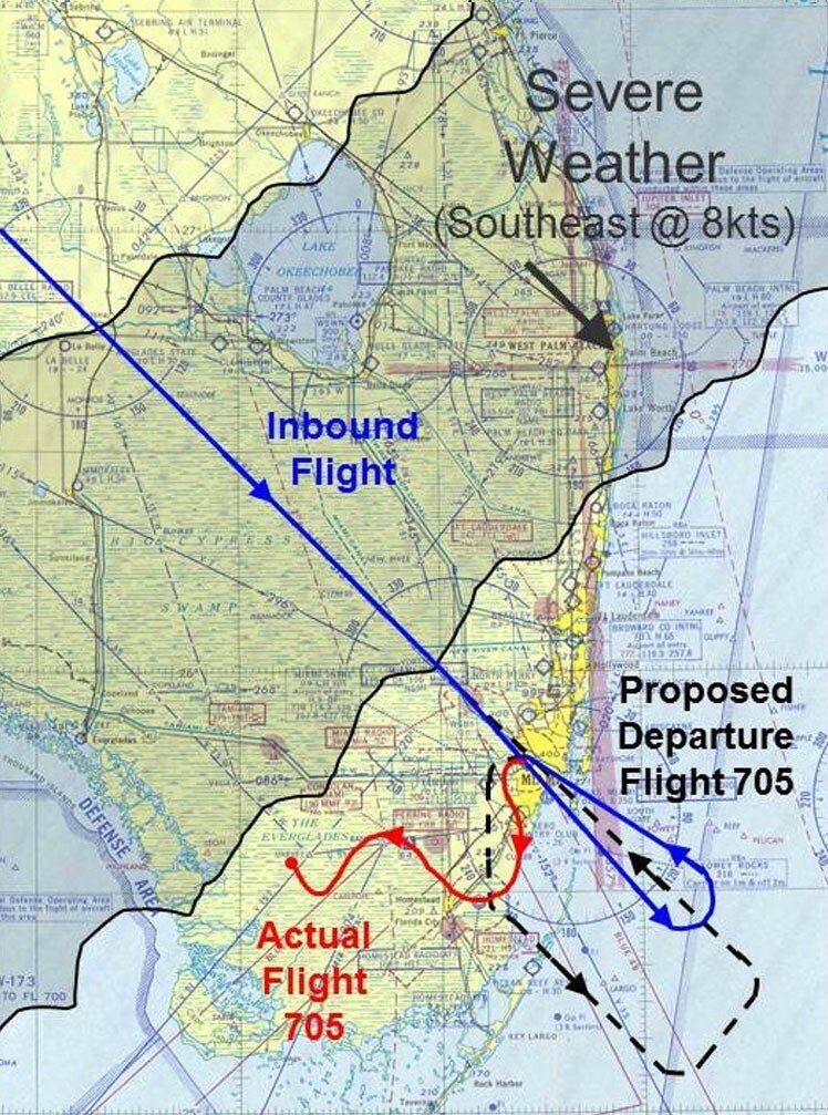 Карта маршрутов полета рейса 705 и предшествующего ему прибытия, включая предполагаемый вылет. (ФАУ)