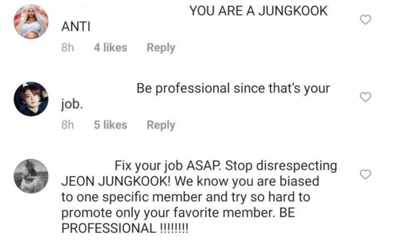 "Будь профессионалом, так как это твоя работа", "Ты-анти Чонгука", "Тебе стоит исправить свою работу срочно..." и т.п.