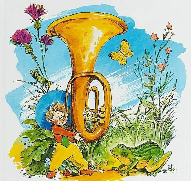 Кстати, это не труба, а туба. На большинстве иллюстраций Незнайка изображён именно с этим инструментом, на котором играть ЕЩЁ труднее.