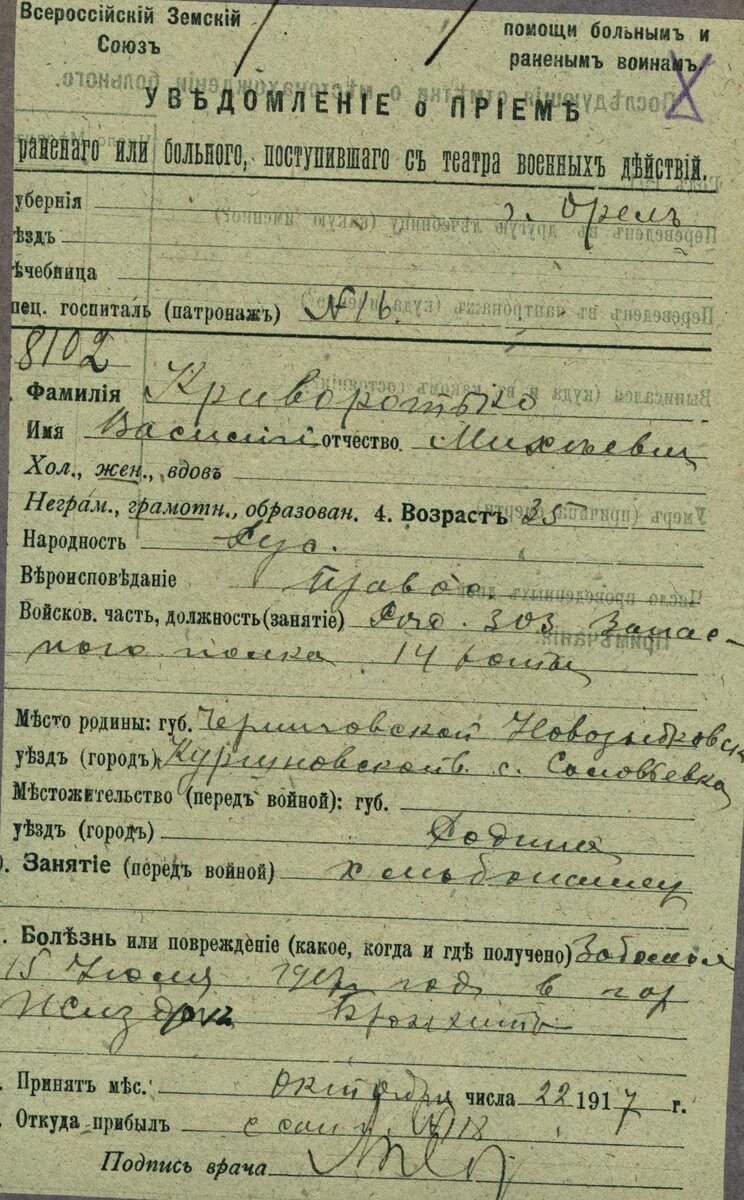 1917 год, учётная карточка госпиталя, Криворотько Василий Михеевич