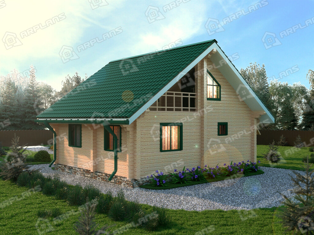 Фото 2 двухэтажного дома из бруса с мансардой, 1 спальнями и террасой. Общая площадь до 100 кв м. Источник arplans.ru Проект ДС-025 