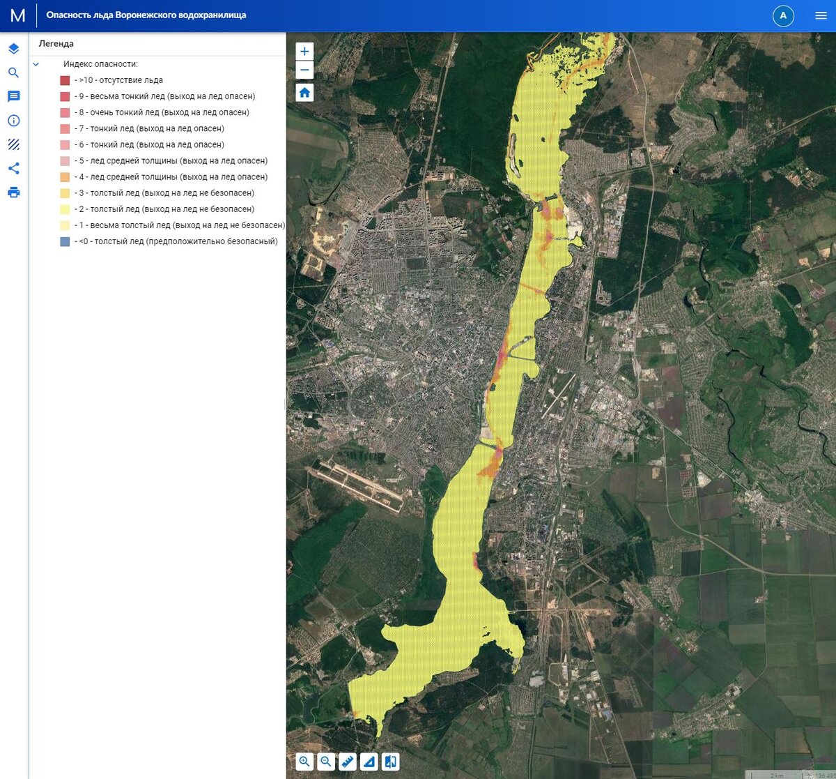 Индекс опасности льда по состоянию на 24 декабря 2021 года. На большей части водохранилища установился толстый лёд. Но его толщина еще не достаточна для безопасного передвижения.