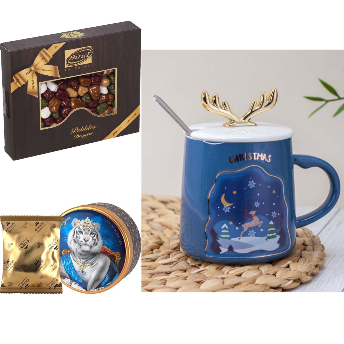 Шоколадное драже, чай, кружка.