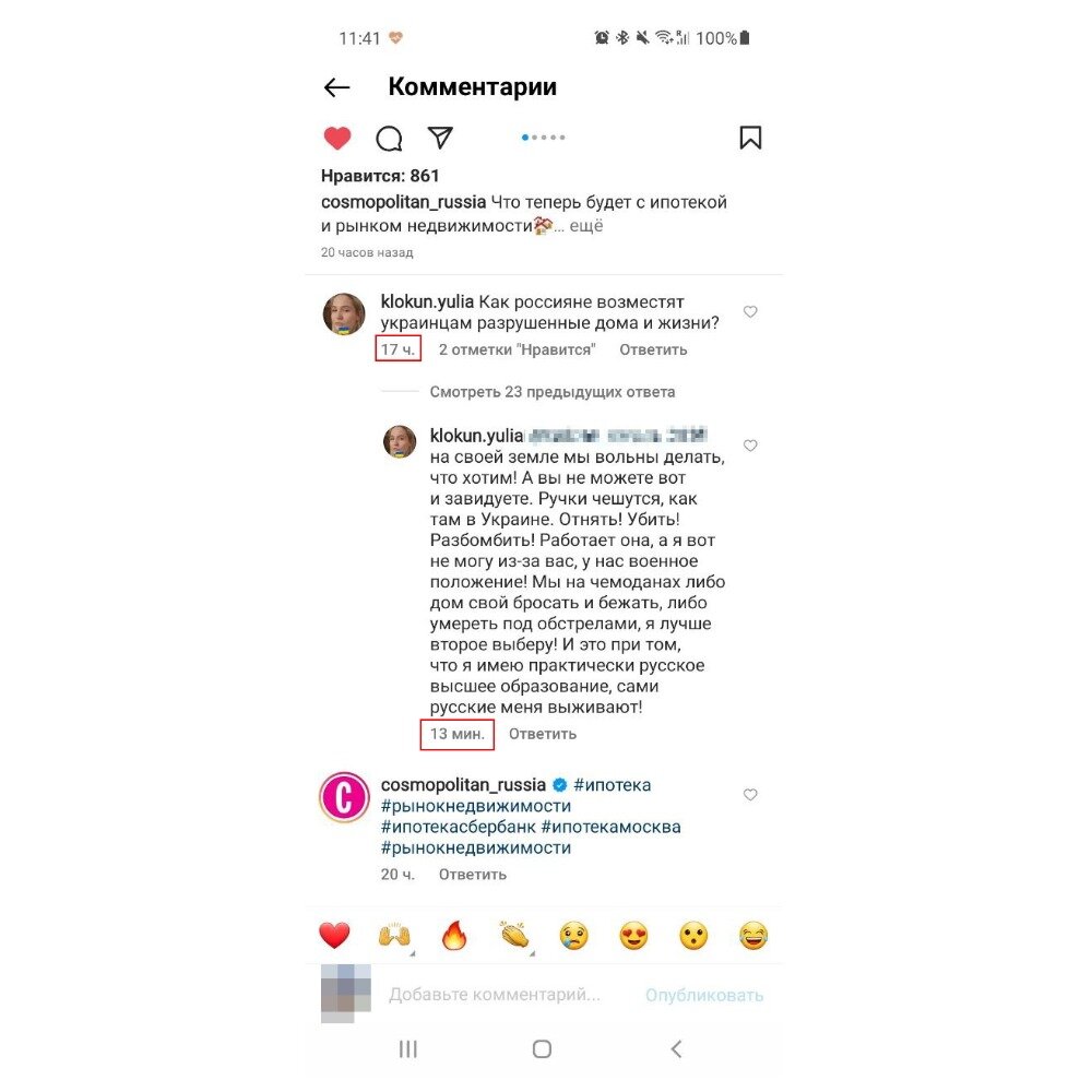 У нас остался один скриншот из той переписки, но и из нее видно, все что мы описываем. Важное уточнение. Владельцы аккаунта позже удалили все эти комментарии.