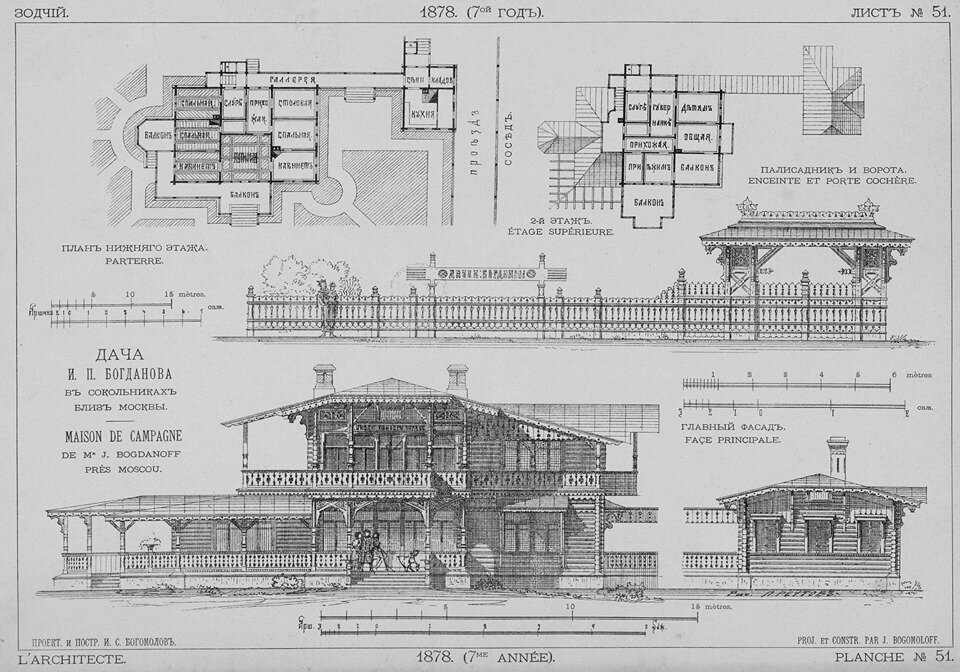 Главный фасад и поэтажные планы дачи И.П. Богданова