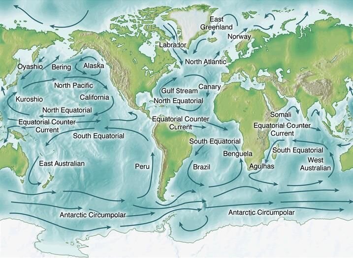 Карта течений мирового океана с названиями на русском