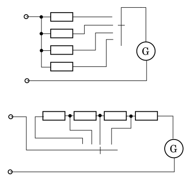 Два варианта построения многопредельного вольтметра постоянного тока. Иллюстрация моя