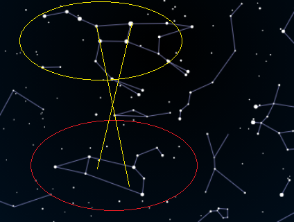 В красном эллипсе созвездие Лев. В желтом - Большая Медведица. Желтые линии - направления от Большой Медведицы на Льва.
