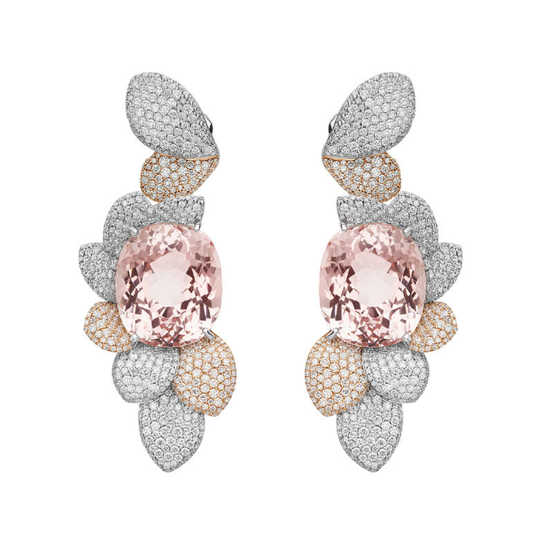 Серьги Pasquale Bruni из белого и розового золота, с белыми бриллиантами и розовым морганитом, коллекция Giardini Segreti