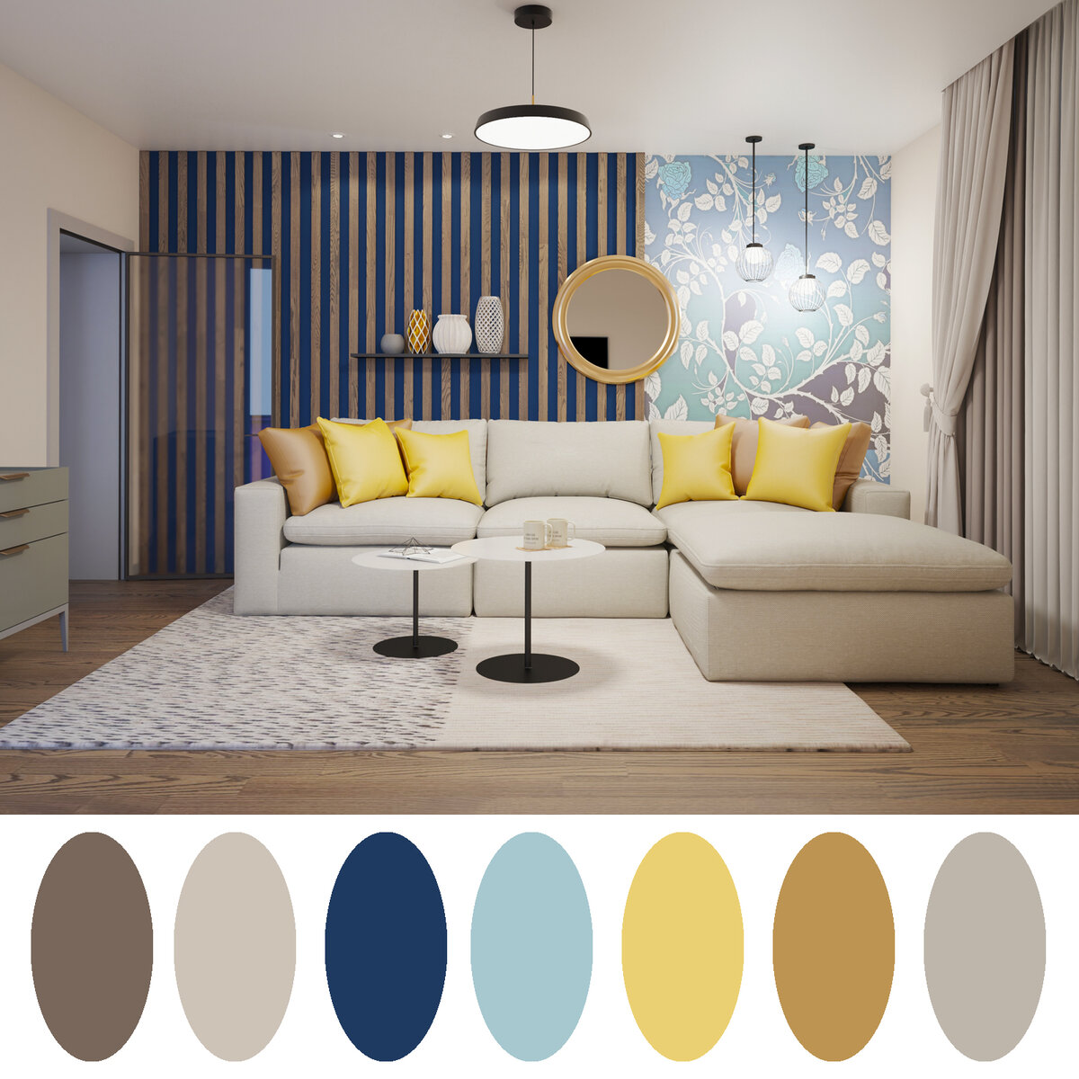 Сочетание золотистых, оранжевых, синих и коричневых оттенков в современной гостиной (3d-фото авторов).