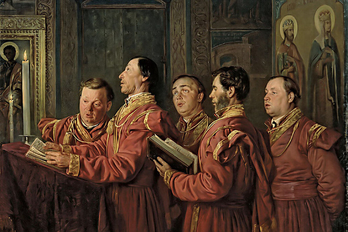 Для вдохновения вам нашла картину Владимира Маковского "Певчие на клиросе".