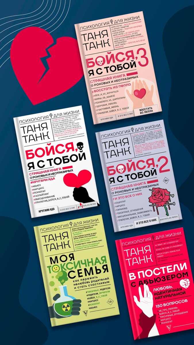 Купить 1, 2 и 3 тома трилогии «Бойся, я с тобой», книги «Моя токсичная семья. Как пережить родительскую нелюбовь и стать счастливым» и «В постели с абьюзером. Любовь, идентичная натуральной» - в крупных книжных и на маркетплейсах: Ozon, Wildberries, Book24, Лабиринт, Читай-город и т. д.