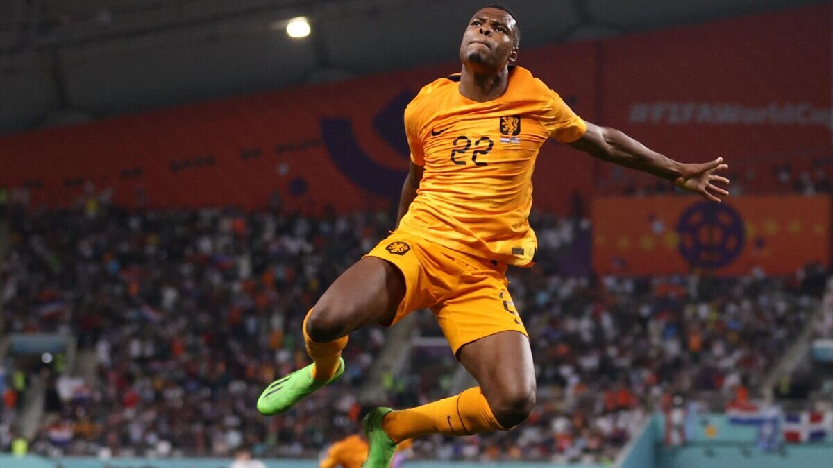    Защитник сборной Нидерландов Дензел Дюмфрис© AFP 2022 / ADRIAN DENNIS
