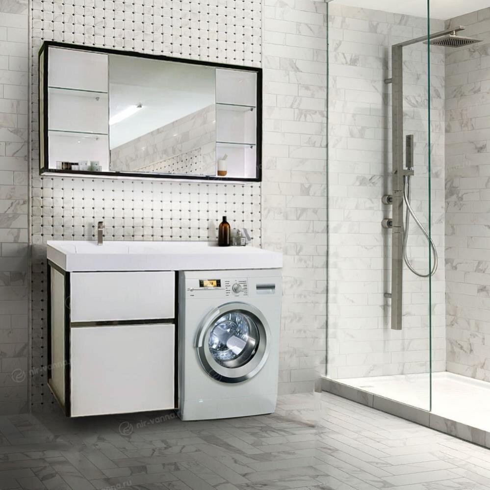 Комплект мебели Лотос Lotos-Loft 120 белый глянец/черный матовый L под стиральную машину, скрытый слив