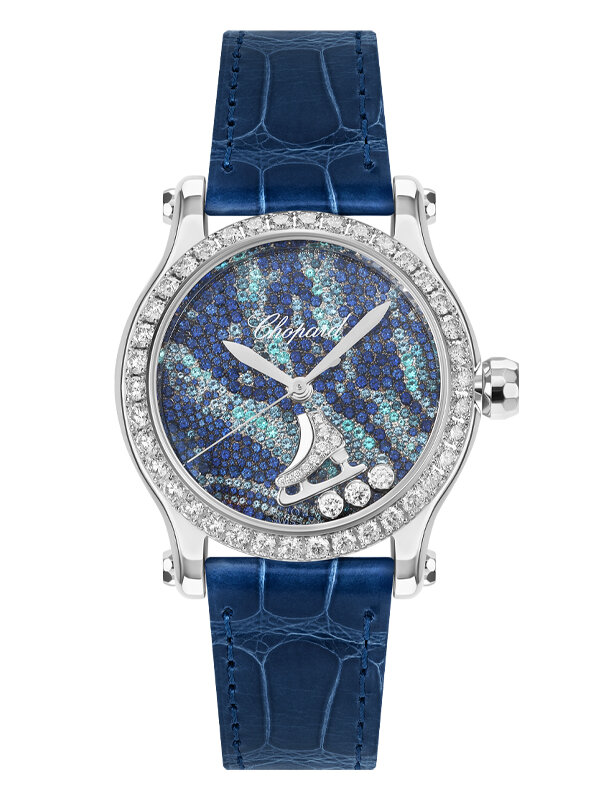 Часы Chopard Happy Sport Tatiana Navka Edition в 36 мм корпусе из белого золота с бриллиантами по безелю, 3 плавающими бриллиантами и золотым коньком. Циферблат украшен бриллиантами, топазами, турмалинами и сапфирами. Ограниченная серия: 5 шт