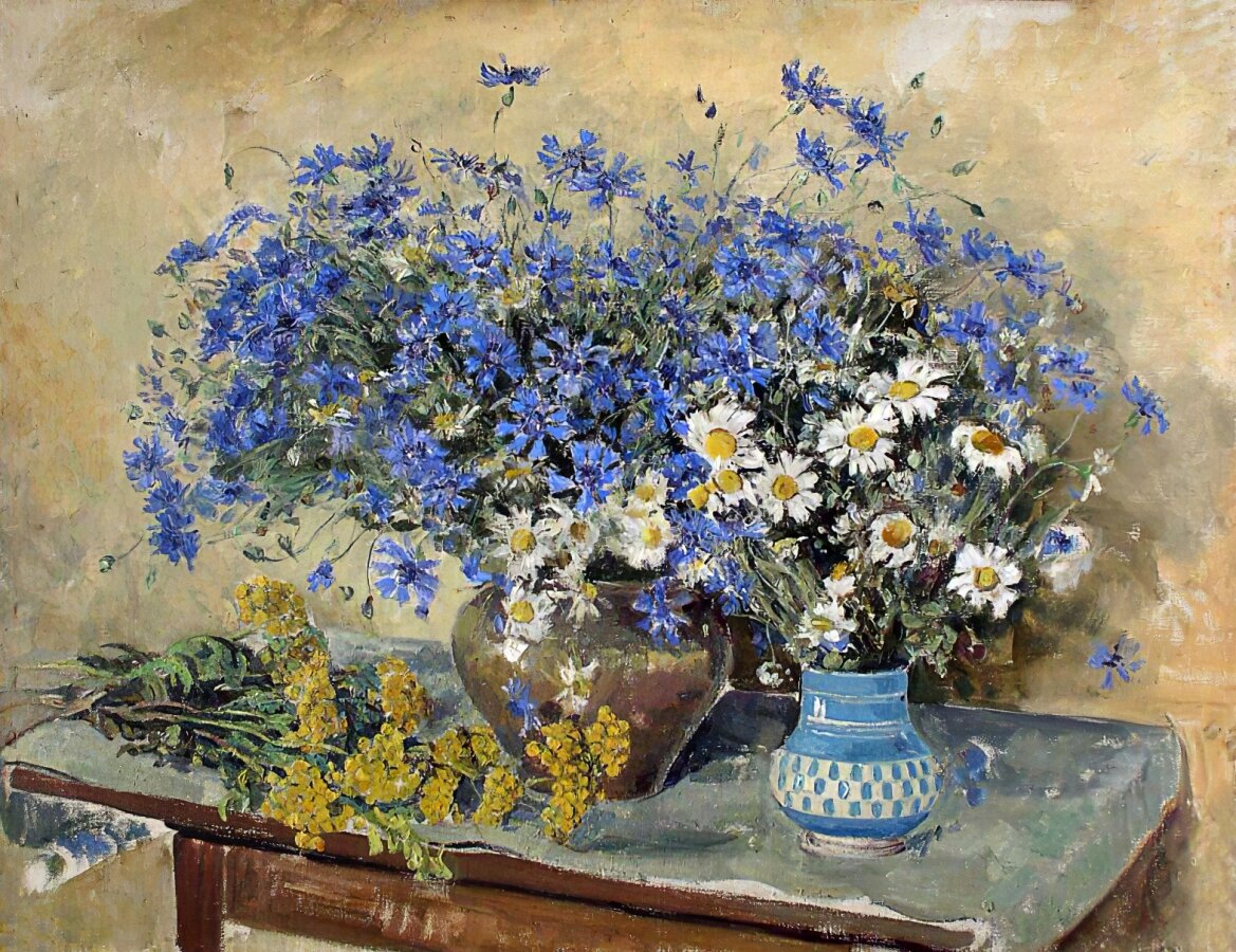 2. Ломакина Мария Владимировна. Васильки и пижма. Холст, масло. 88х67,5. 1950-е. Музейно-выставочный комплекс Новый Иерусалим. Изображение отсюда: yavarda.ru