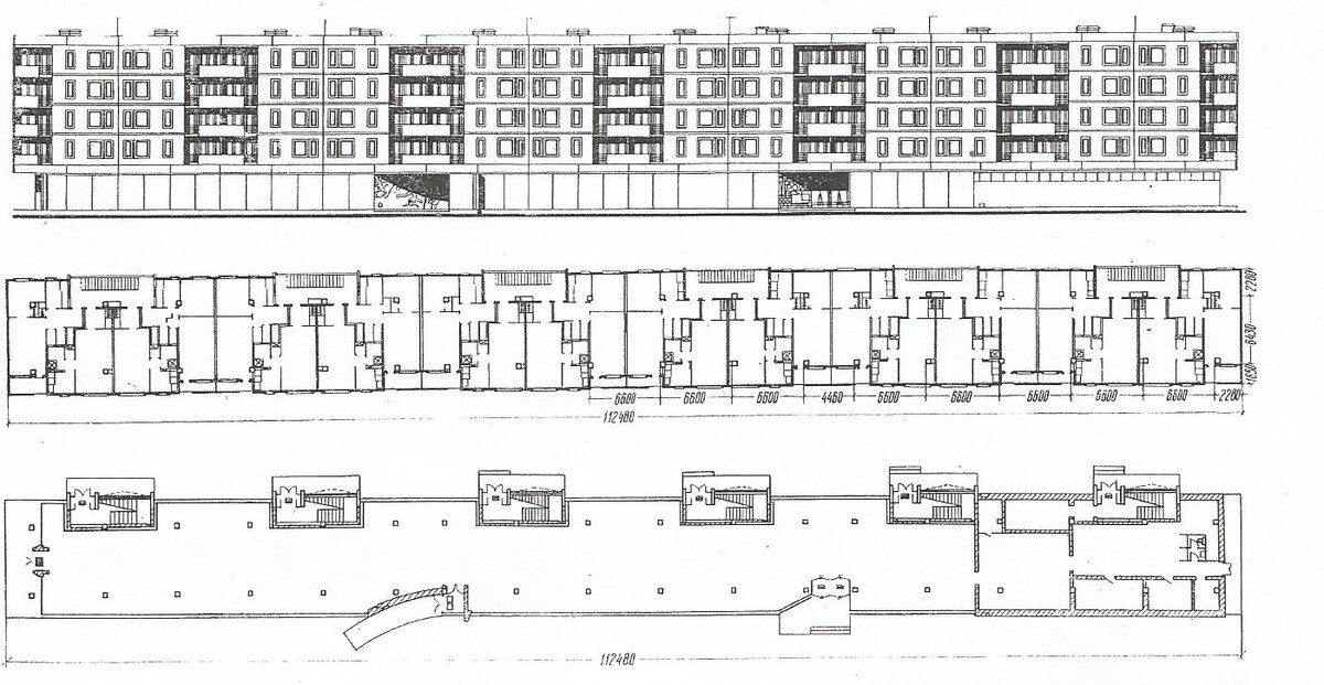 Фасад, план первого этажа и типовой этаж дома 80 корп. 1 по Октябрьской набережной. Из журнала Строительство и архитектура Ленинграда за 1963 год