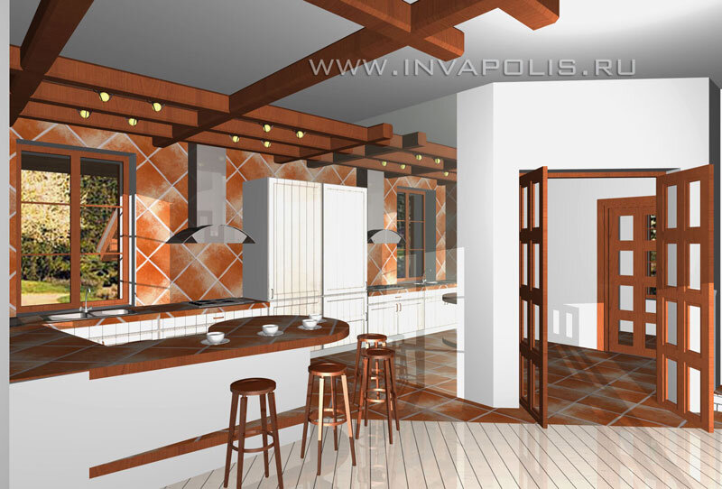 Можно зрительно ещё больше расширить пространство, расположив на обной из стен (на фото - за кухней) зеркало