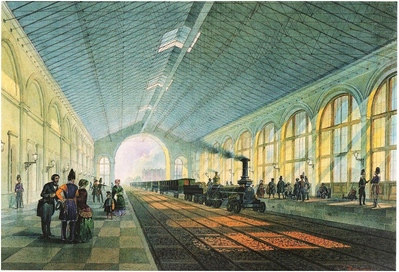 А.В. Петцольт. Санкт-Петербургская пассажирская станция. Лист из альбома «Виды Санкт-Петербурго-Московской железной дороги». 1851 г.