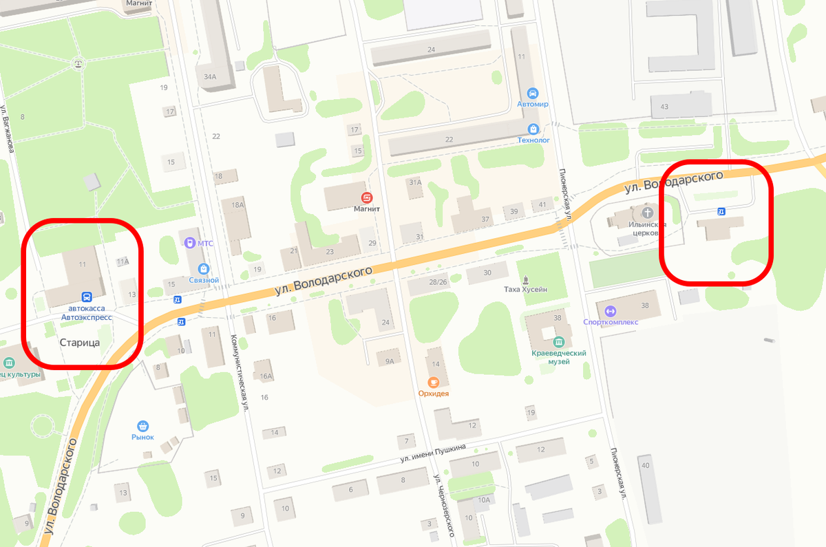 Расположение мест отправления в Старице