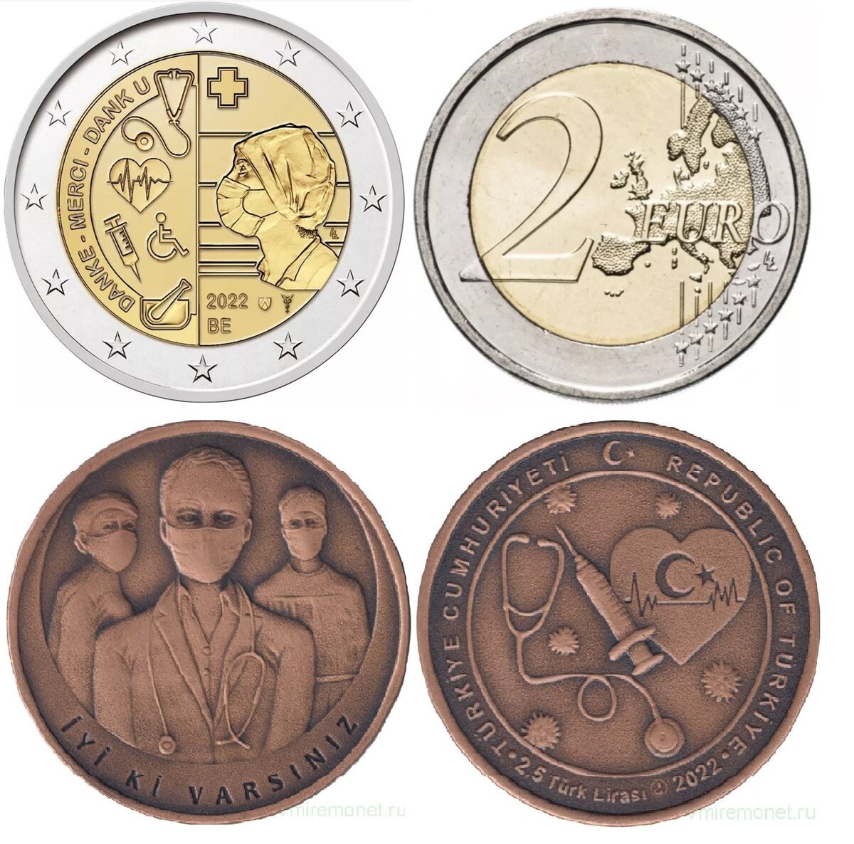 2 евро 2022 год, Бельгия. Биметалл, вес 8.5 г, диаметр 25.75 мм. 2,5 лиры 2022 год, Турция. Бронза, вес 23.33 г, диаметр 38.61 мм.